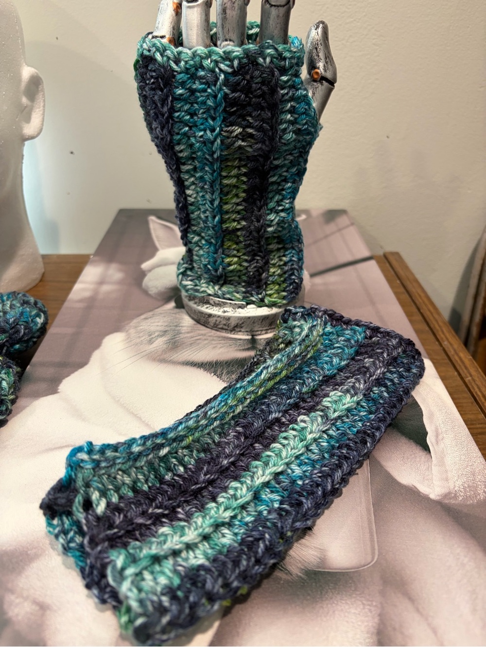 Handmade Crochet Fingerless Gloves Blue Green Boho Wrist Warmers - Picture 2 of 4